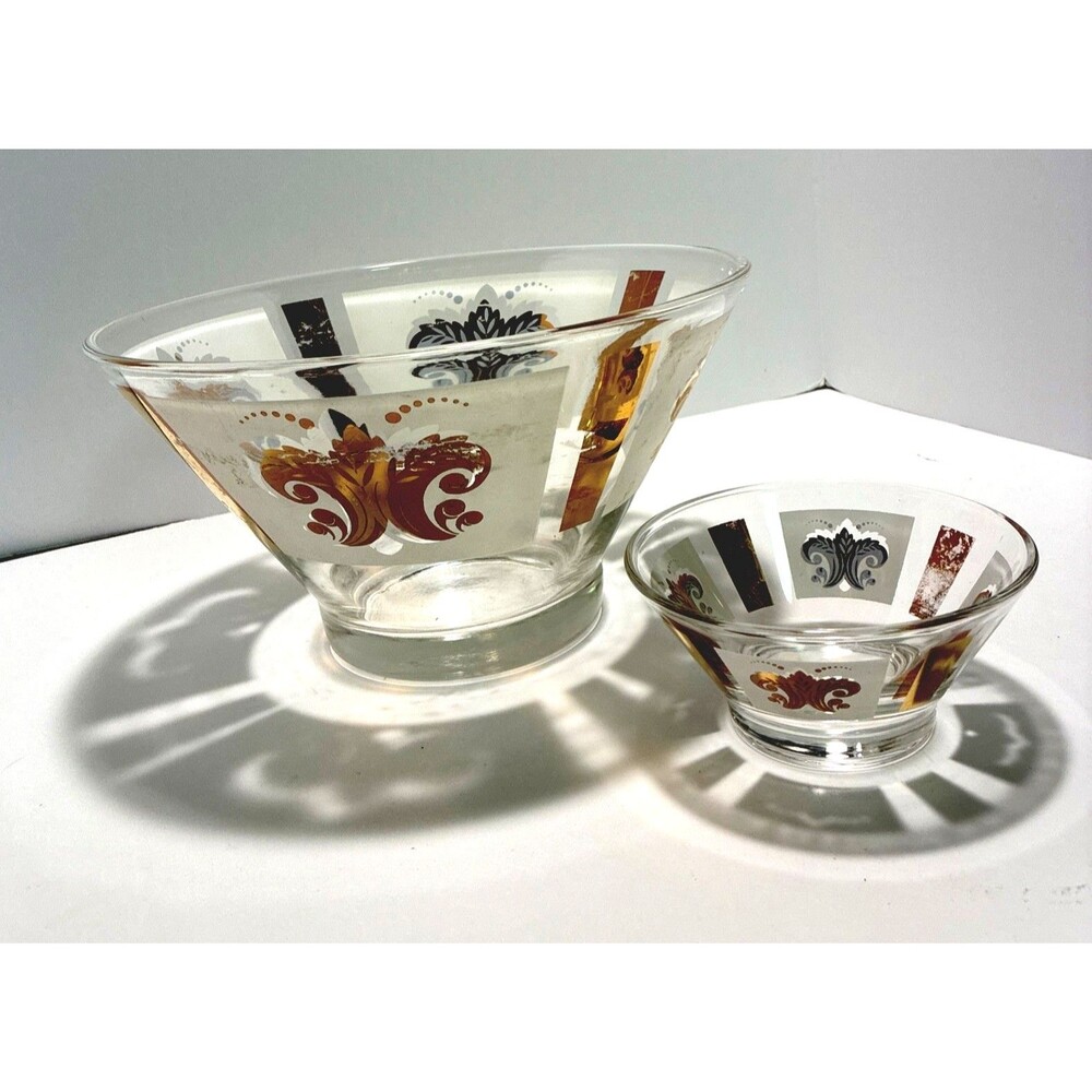Anchor Hocking Vntg 1960s Glass Chip & Dip Serving Bowls Fleur-De-Lis Mardi Gras